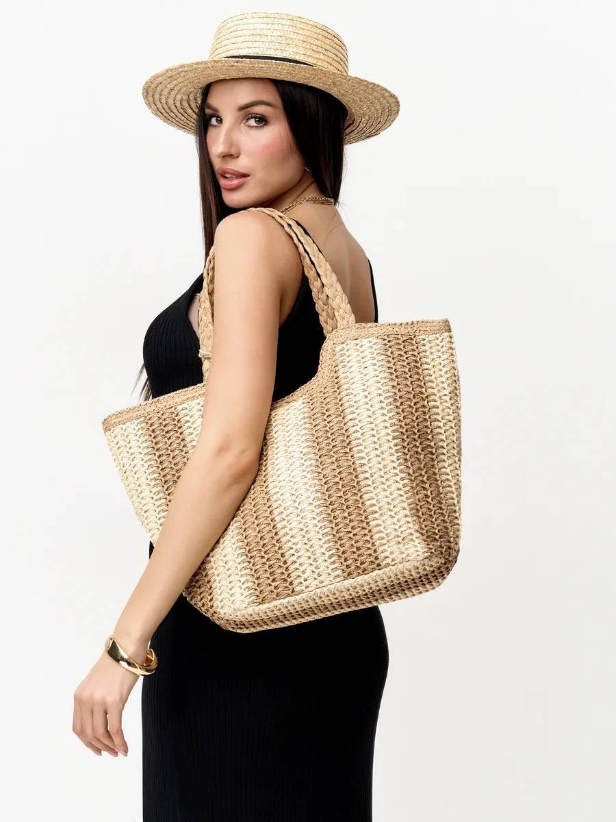 Mairo Lifestyle Straw Wicker Handmade Boho Summer Beach Tote Bag (Boat Brown Stripe)