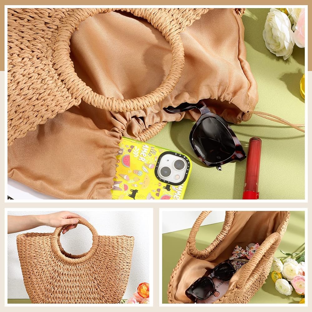 Mairo Lifestyle Straw Wicker Handmade Boho Summer Beach Round Tote Moon Bag (Brown Large)