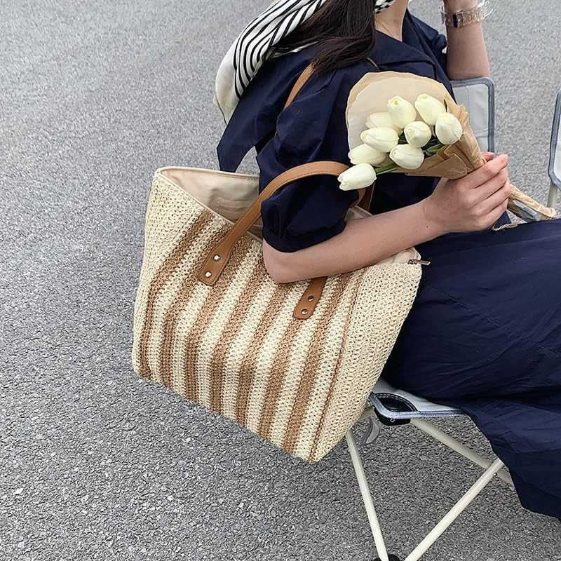 713NBsLDPaL.jpg Mairo Lifestyle Straw Wicker Handmade Boho Summer Beach Tote Bag (Brown Stripe)