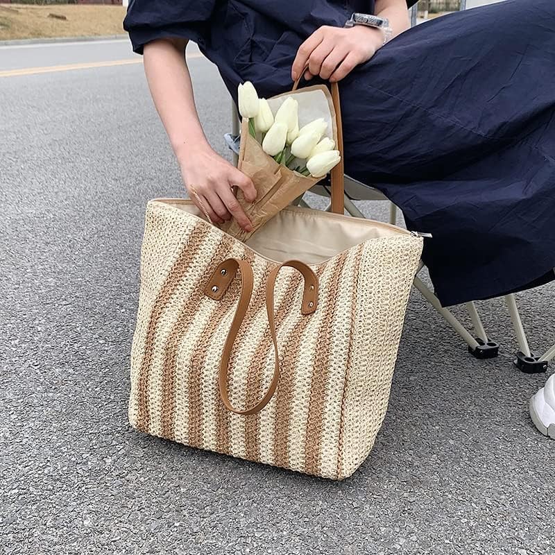 715MKWuZraL.jpg Mairo Lifestyle Straw Wicker Handmade Boho Summer Beach Tote Bag (Brown Stripe)