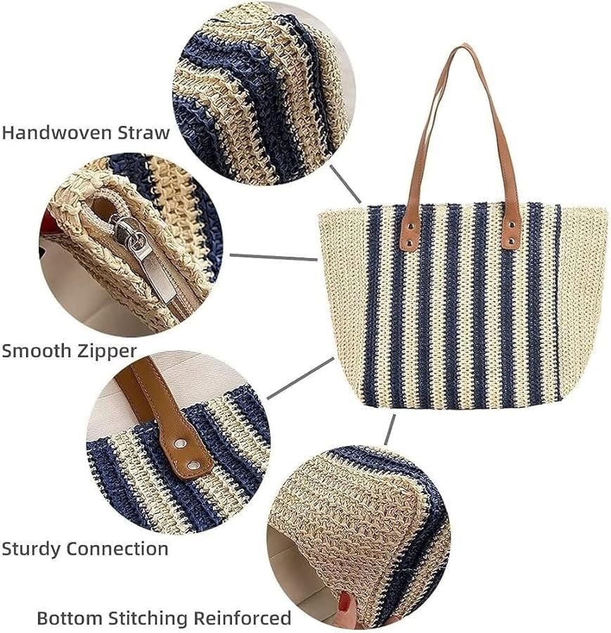 Mairo Lifestyle Straw Wicker Handmade Boho Summer Beach Tote Bag (Blue Stripe)