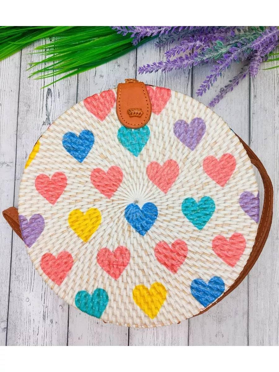 719INLQlzvL.jpg Mairo Lifestyle Rattan Cane Straw Wicker Handmade Boho Summer Beach Round Sling Bag (Love Heart)