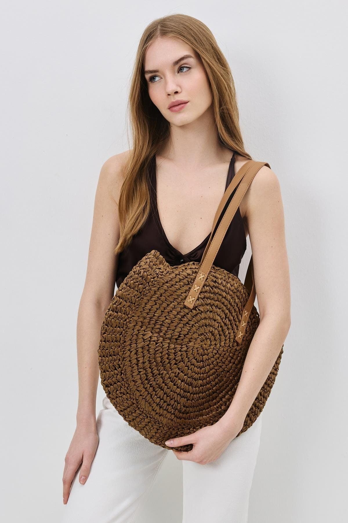 Mairo Lifestyle Straw Wicker Handmade Boho Summer Beach Round Shoulder Bag (Dark Brown)