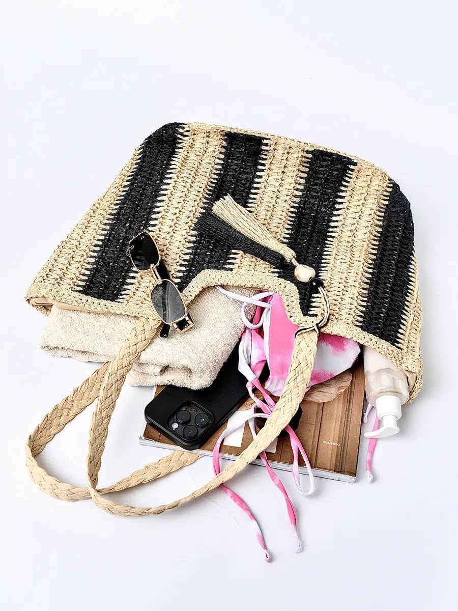 Mairo Lifestyle Straw Wicker Handmade Boho Summer Beach Tote Bag (Boat Black Stripe)