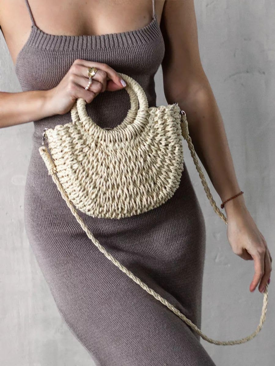Mairo Lifestyle Straw Wicker Handmade Boho Summer Beach Tote Moon Bag (Beige Small)