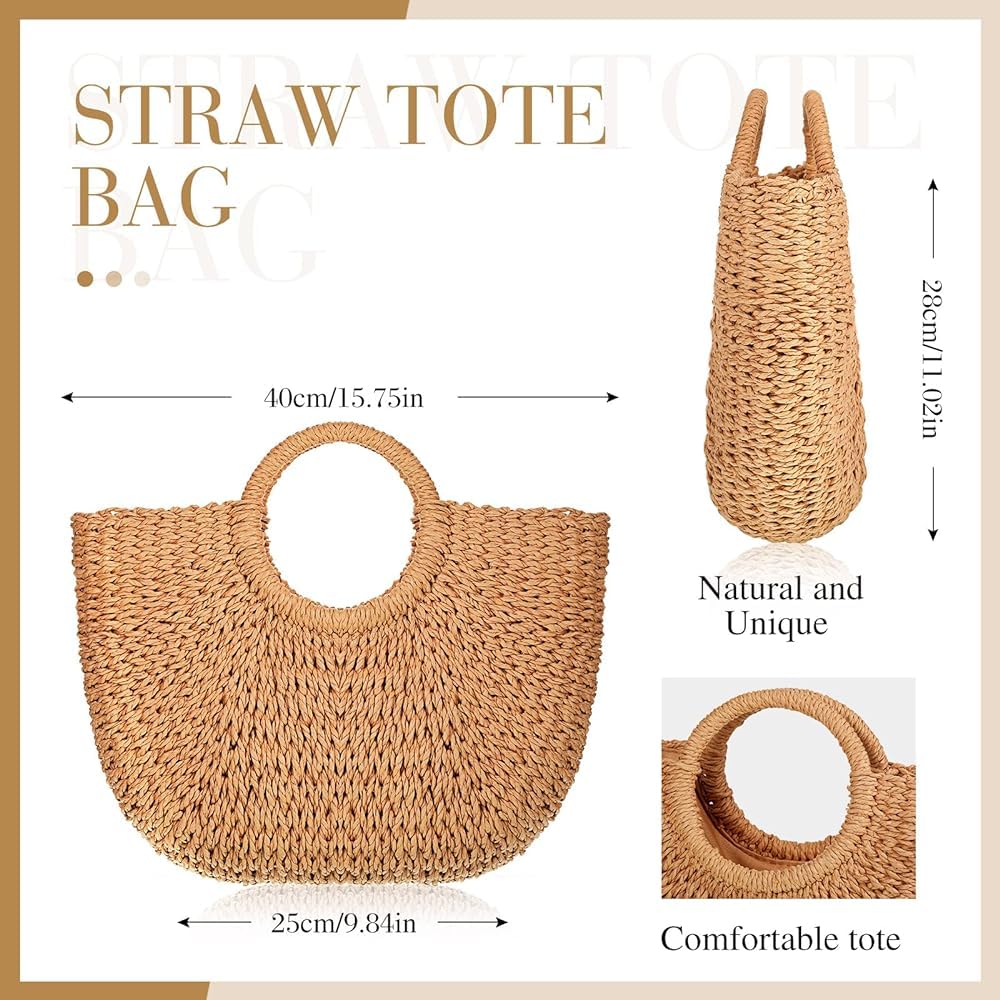 Mairo Lifestyle Straw Wicker Handmade Boho Summer Beach Round Tote Moon Bag (Brown Large)