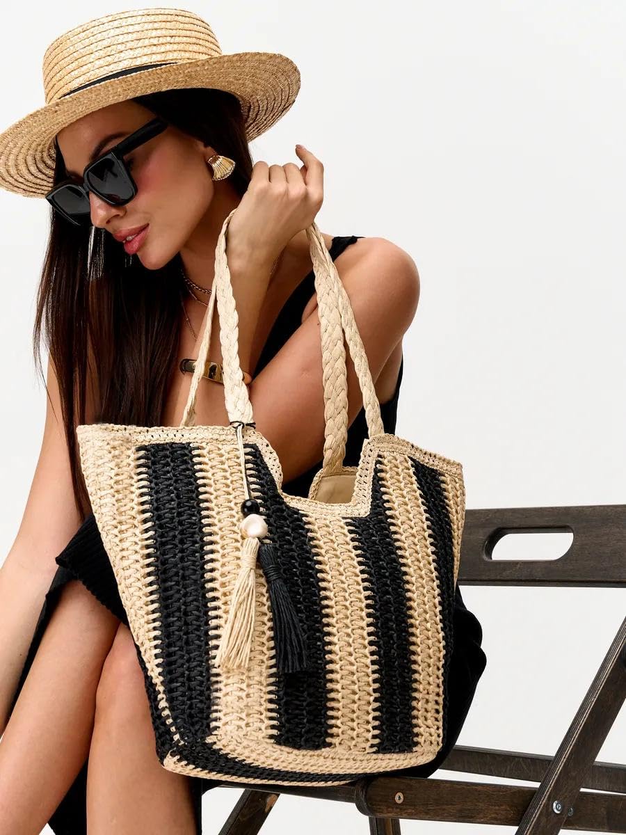 Mairo Lifestyle Straw Wicker Handmade Boho Summer Beach Tote Bag (Boat Black Stripe)