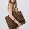 Mairo Lifestyle Straw Wicker Handmade Boho Summer Beach Tote Bag (Dark Brown Square)