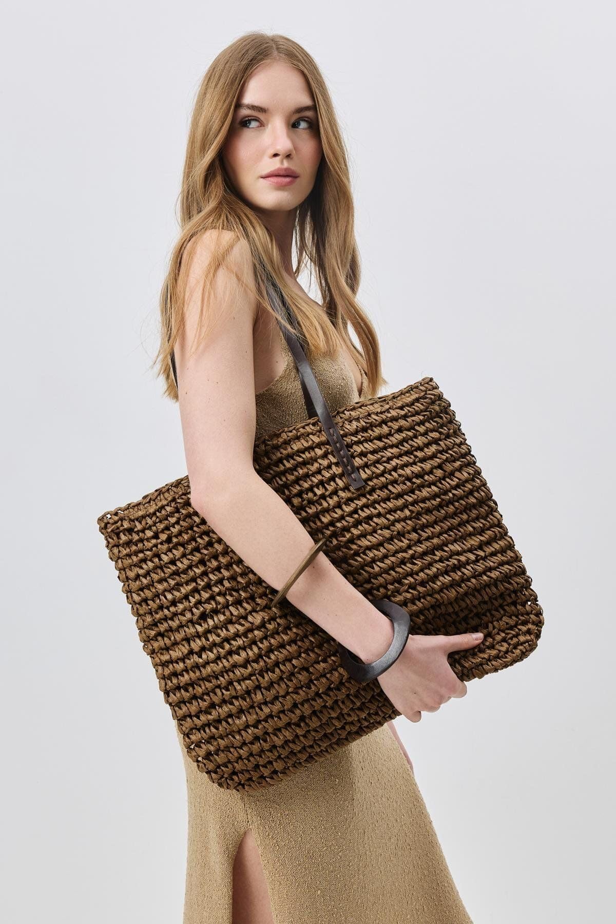 Mairo Lifestyle Straw Wicker Handmade Boho Summer Beach Tote Bag (Dark Brown Square)