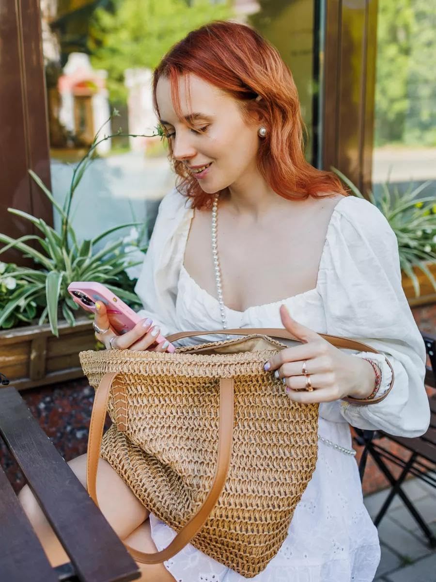 Mairo Lifestyle Straw Wicker Handmade Boho Summer Beach Tote Bag (Brown Rectangle)