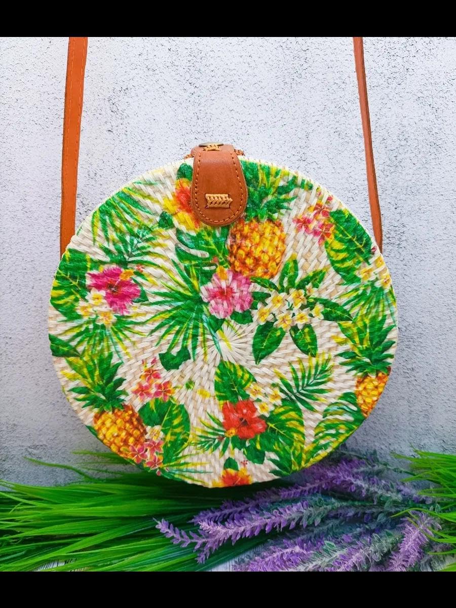 Mairo Lifestyle Rattan Cane Straw Wicker Handmade Boho Summer Beach Round Sling Bag (Pineapple Forest)