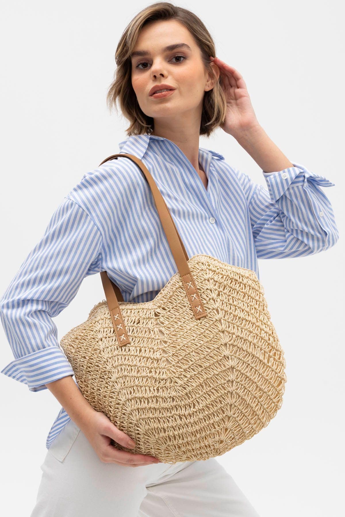 Mairo Lifestyle Straw Wicker Handmade Boho Summer Beach Braided Shoulder Bag (Beige)