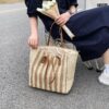 71Pb3BTg00L.jpg Mairo Lifestyle Straw Wicker Handmade Boho Summer Beach Tote Bag (Brown Stripe)