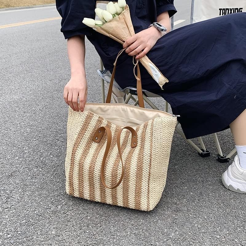 71Pb3BTg00L.jpg Mairo Lifestyle Straw Wicker Handmade Boho Summer Beach Tote Bag (Brown Stripe)