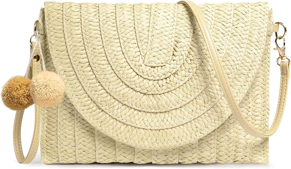 Mairo Lifestyle Straw Wicker Handmade Boho Summer Beach Small Crochet Bag (Envelope Beige)