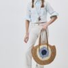 71SoYNIDIEL.jpg Mairo Lifestyle Straw Wicker Handmade Boho Summer Beach Round Shoulder Bag (Evil Eye - Brown)