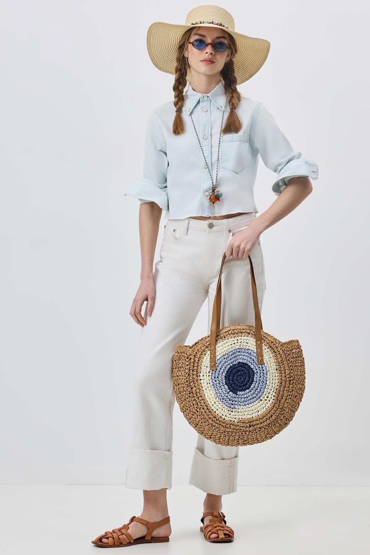 71SoYNIDIEL.jpg Mairo Lifestyle Straw Wicker Handmade Boho Summer Beach Round Shoulder Bag (Evil Eye - Brown)