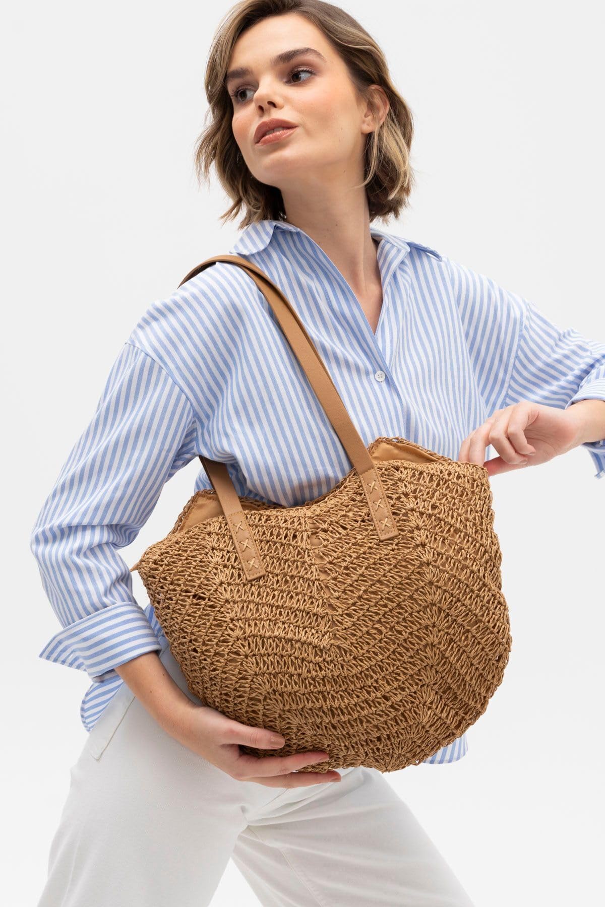 Mairo Lifestyle Straw Wicker Handmade Boho Summer Beach Braided Shoulder Bag (Light Brown)