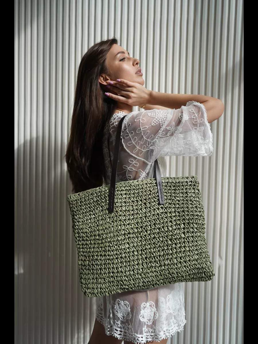 Mairo Lifestyle Straw Wicker Handmade Boho Summer Beach Tote Bag (Green Square)