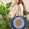 Mairo Lifestyle Straw Wicker Handmade Boho Summer Beach Round Shoulder Bag (Evil Eye - Blue)