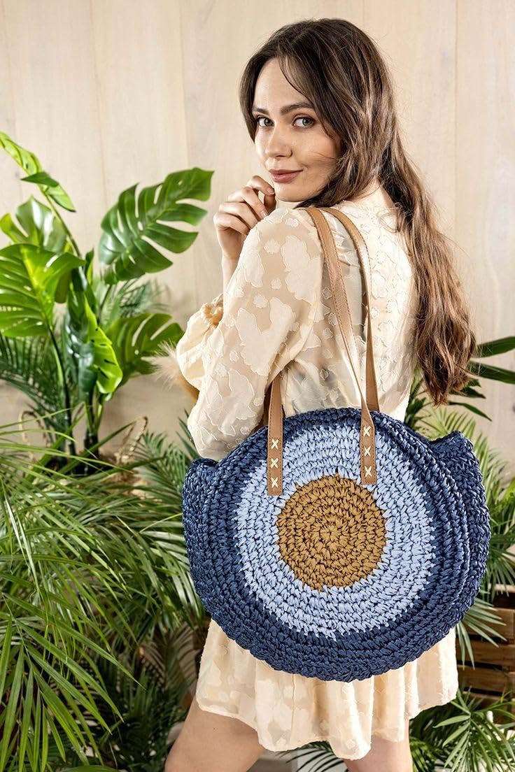 Mairo Lifestyle Straw Wicker Handmade Boho Summer Beach Round Shoulder Bag (Evil Eye - Blue)