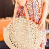 Mairo Lifestyle Straw Wicker Handmade Boho Summer Beach Round Shoulder Bag (Beige - Flower)