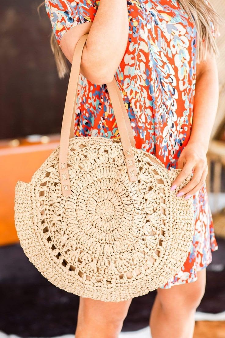 Mairo Lifestyle Straw Wicker Handmade Boho Summer Beach Round Shoulder Bag (Beige - Flower)