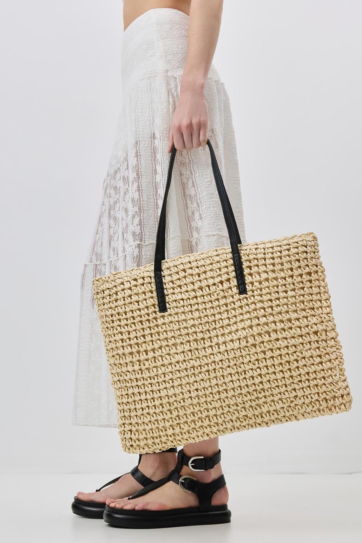 71YGoiBO8L.jpg Mairo Lifestyle Straw Wicker Handmade Boho Summer Beach Tote Bag (Beige Square)