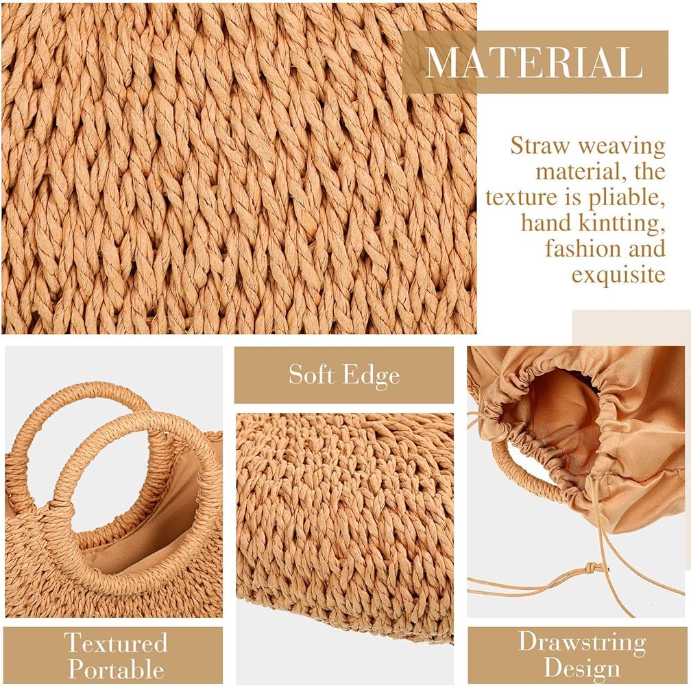 Mairo Lifestyle Straw Wicker Handmade Boho Summer Beach Round Tote Moon Bag (Brown Large)