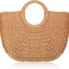 Mairo Lifestyle Straw Wicker Handmade Boho Summer Beach Round Tote Moon Bag (Brown Large)