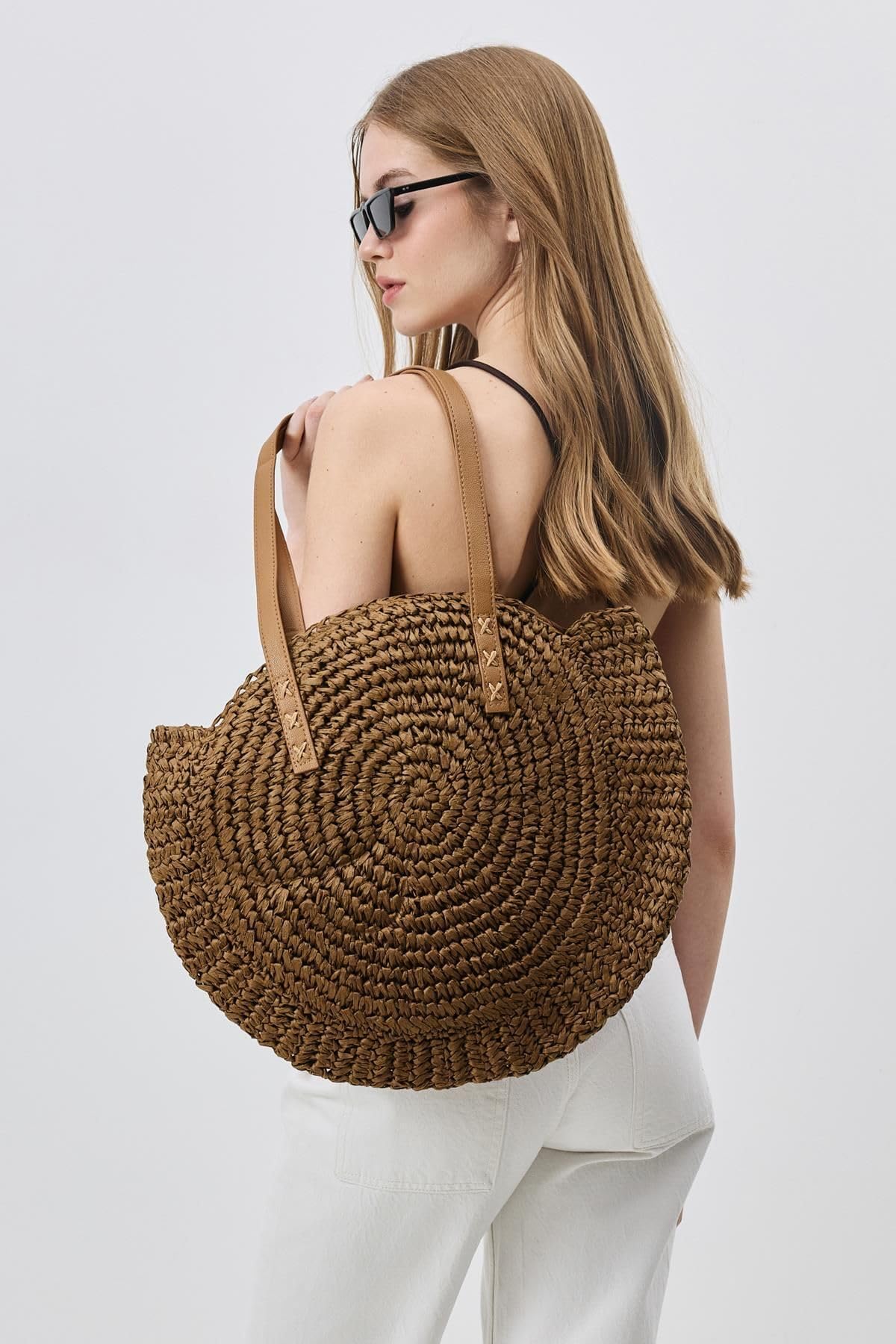 Mairo Lifestyle Straw Wicker Handmade Boho Summer Beach Round Shoulder Bag (Dark Brown)