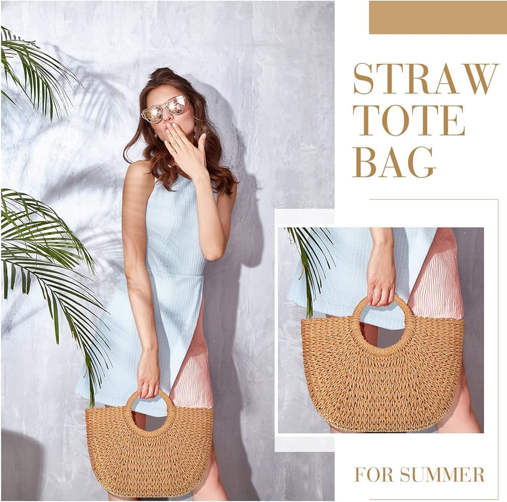 Mairo Lifestyle Straw Wicker Handmade Boho Summer Beach Round Tote Moon Bag (Brown Large)