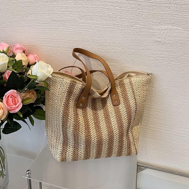 71gHutxwGpL.jpg Mairo Lifestyle Straw Wicker Handmade Boho Summer Beach Tote Bag (Brown Stripe)