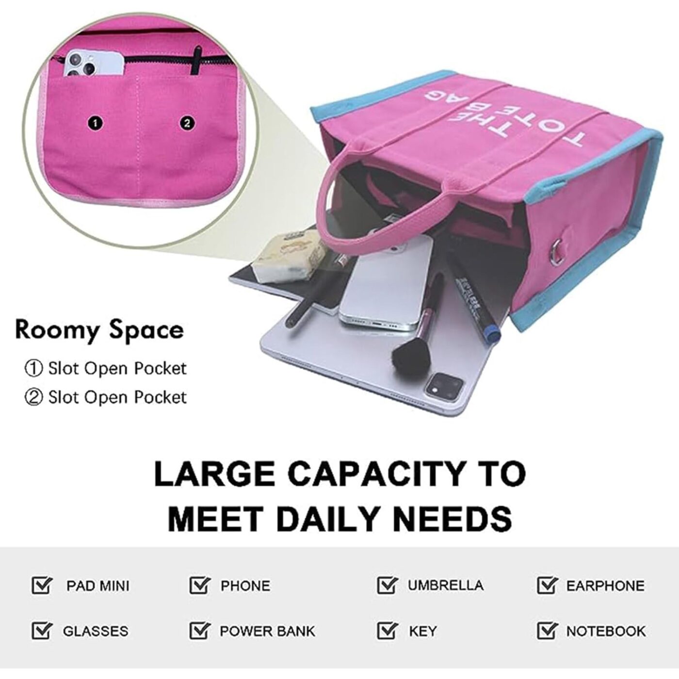 Mairo Lifestyle Women Canvas The Tote Bag with Zipper Small Purse Crossbody Bag Top Handle Traveler Handbag (Pink with Blue edge)