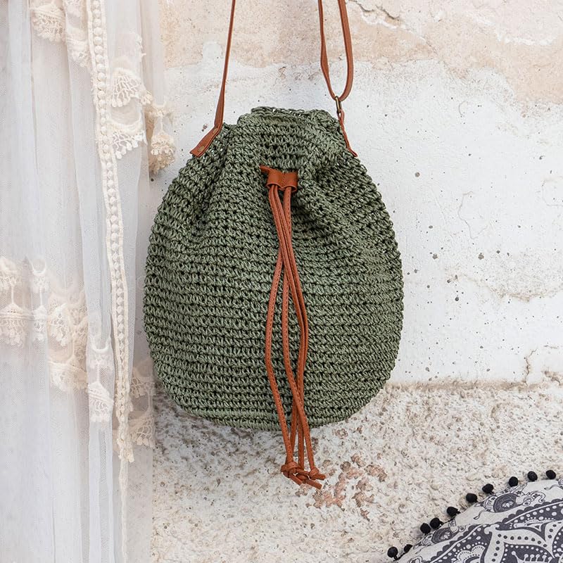 71jyby4259L.jpg Mairo Lifestyle Straw Wicker Handmade Boho Summer Beach Drawstring Tote Bag (Green)