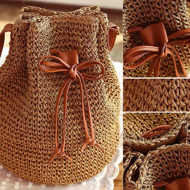 71mjwd3kDQL.jpg Mairo Lifestyle Straw Wicker Handmade Boho Summer Beach Drawstring Tote Bag (Brown)