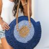 Mairo Lifestyle Straw Wicker Handmade Boho Summer Beach Round Shoulder Bag (Evil Eye - Blue)