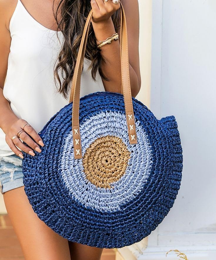 Mairo Lifestyle Straw Wicker Handmade Boho Summer Beach Round Shoulder Bag (Evil Eye - Blue)