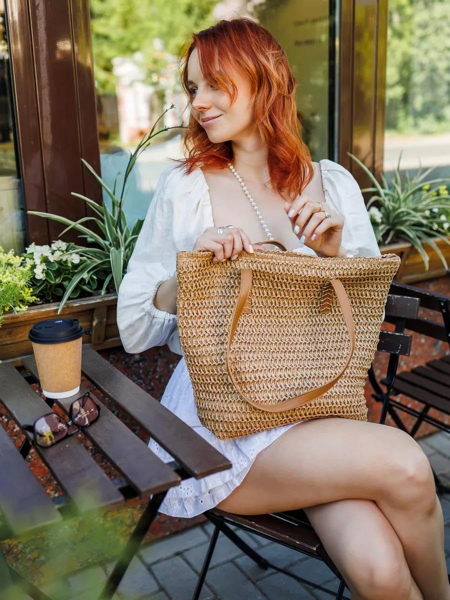 Mairo Lifestyle Straw Wicker Handmade Boho Summer Beach Tote Bag (Brown Rectangle)