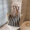 Mairo Lifestyle Straw Wicker Handmade Boho Summer Beach Tote Bag (Blue Stripe)