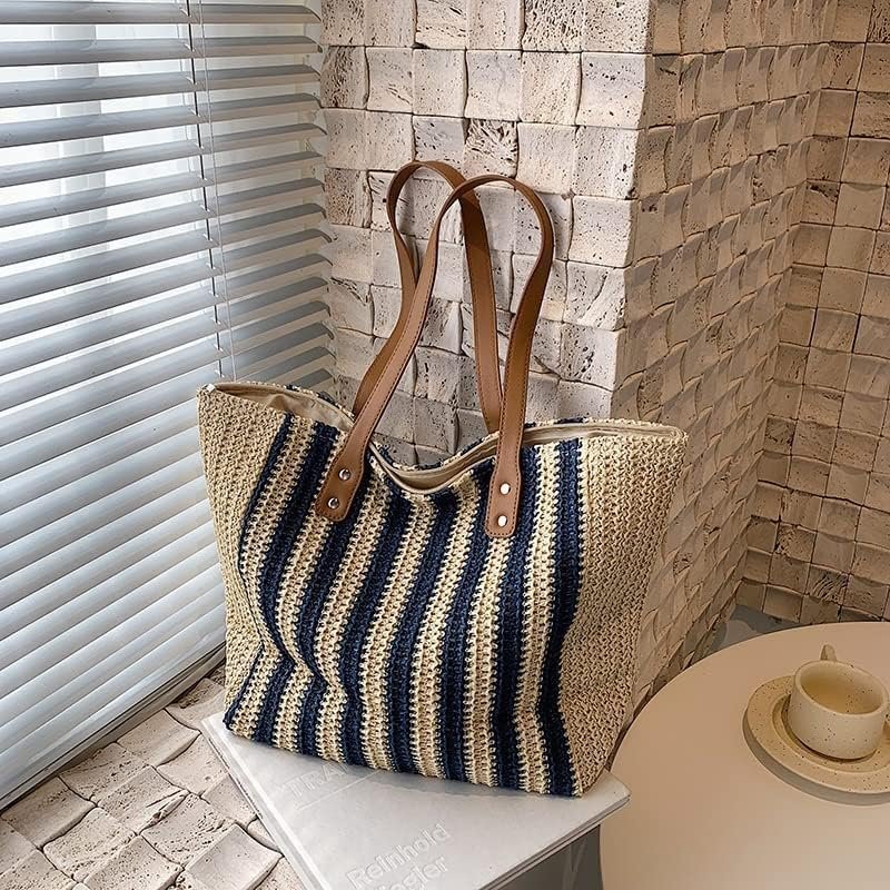 Mairo Lifestyle Straw Wicker Handmade Boho Summer Beach Tote Bag (Blue Stripe)
