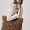 Mairo Lifestyle Straw Wicker Handmade Boho Summer Beach Tote Bag (Dark Brown Square)