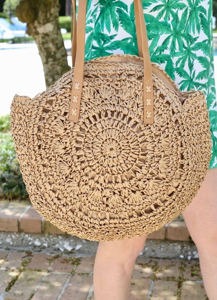 71zuGObSY6L.jpg Mairo Lifestyle Straw Wicker Handmade Boho Summer Beach Round Shoulder Bag (Brown - Flower)