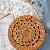 Mairo Lifestyle Rattan Cane Straw Wicker Handmade Boho Summer Beach Round Brown Sling Bag (Brown Curls)