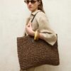 Mairo Lifestyle Straw Wicker Handmade Boho Summer Beach Tote Bag (Dark Brown Square)