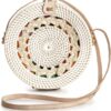 Mairo Lifestyle Rattan Cane Straw Wicker Handmade Boho Summer Beach Round Sling White Bag (Light Brown Curls)