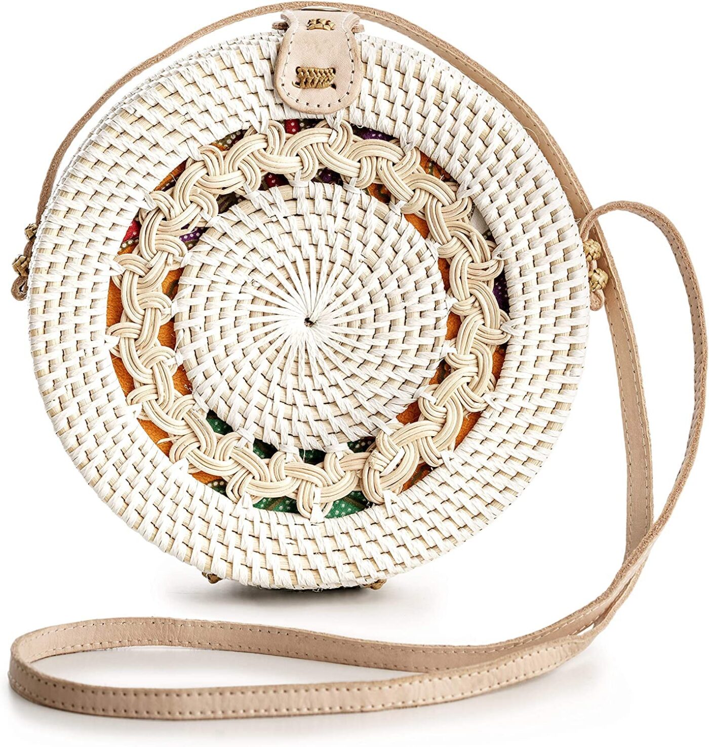 Mairo Lifestyle Rattan Cane Straw Wicker Handmade Boho Summer Beach Round Sling White Bag (Light Brown Curls)