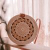 Mairo Lifestyle Rattan Cane Straw Wicker Handmade Boho Summer Beach Round Brown Sling Bag (Brown Curls)