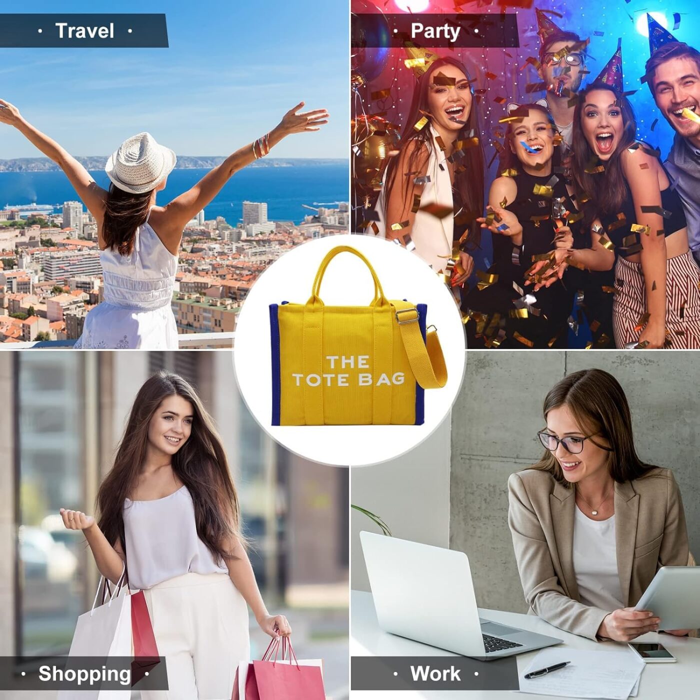 Mairo Lifestyle Women Canvas The Tote Bag with Zipper Small Purse Crossbody Bag Top Handle Traveler Handbag (Yellow with Blue edge)