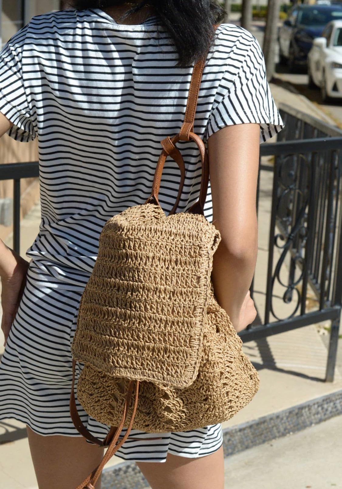 Mairo Lifestyle Straw Wicker Handmade Boho Summer Beach Backpack Bag (Light Brown)